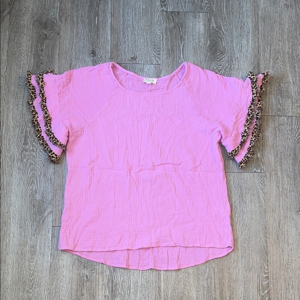 Umgee Pink Blouse with Leopard Ruffle Sleeves xxl cotton muslin short sleeve top